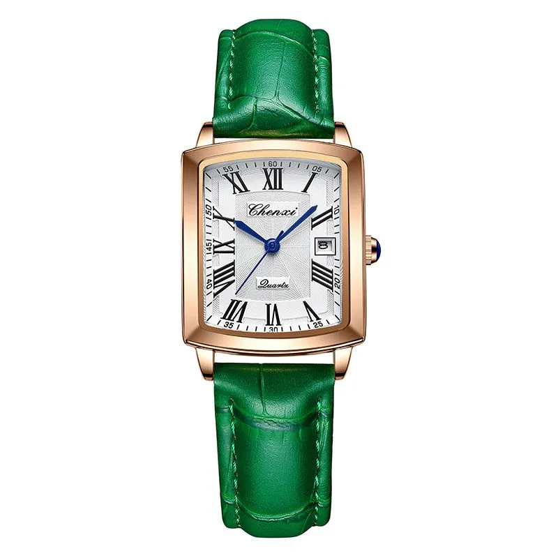 Square watches for women, fashionable genuine leather waterproof watches, G - Green