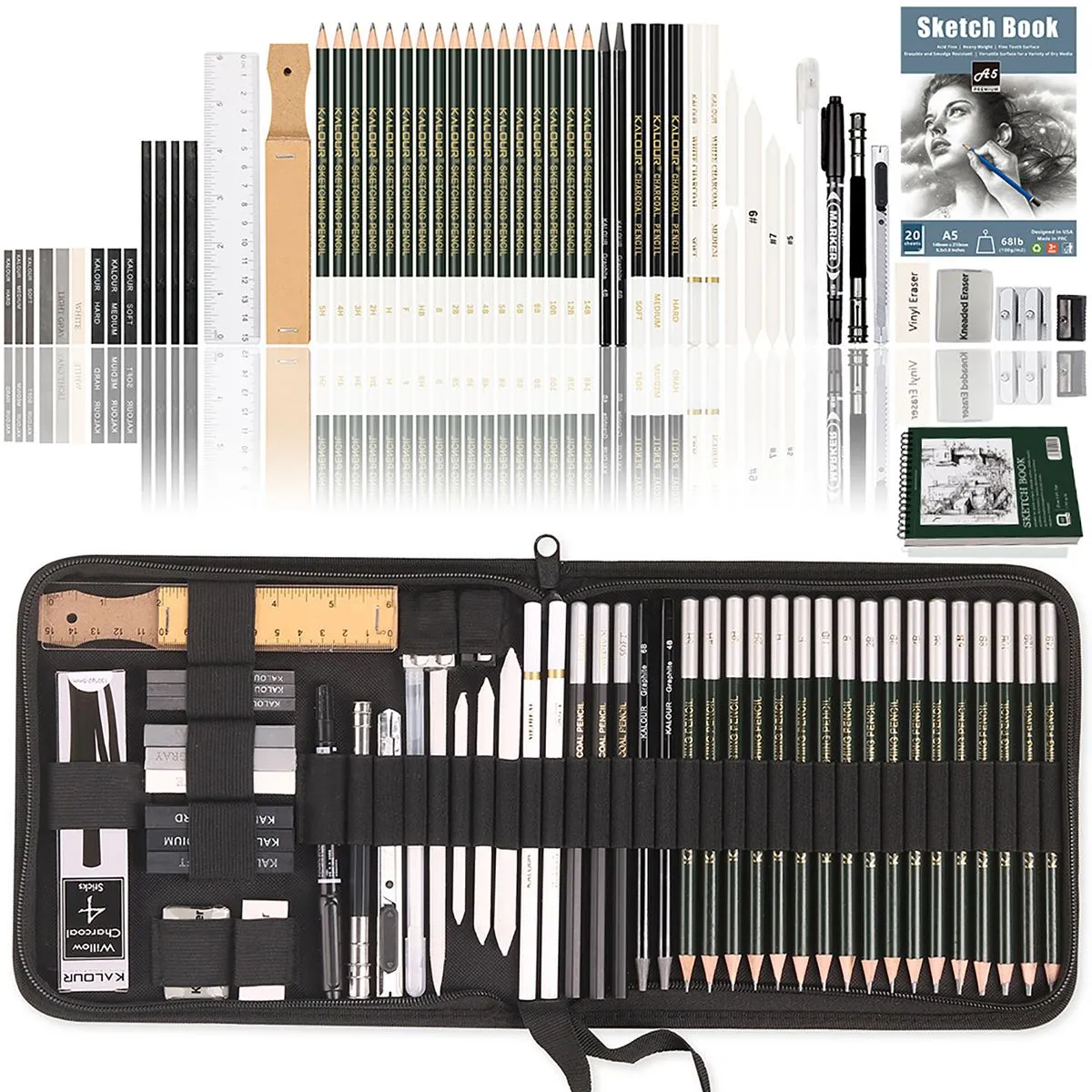 55PC Sketch Drawing Kit with Sketchbook,Graphitep Pencils,Charcoal Pencils.