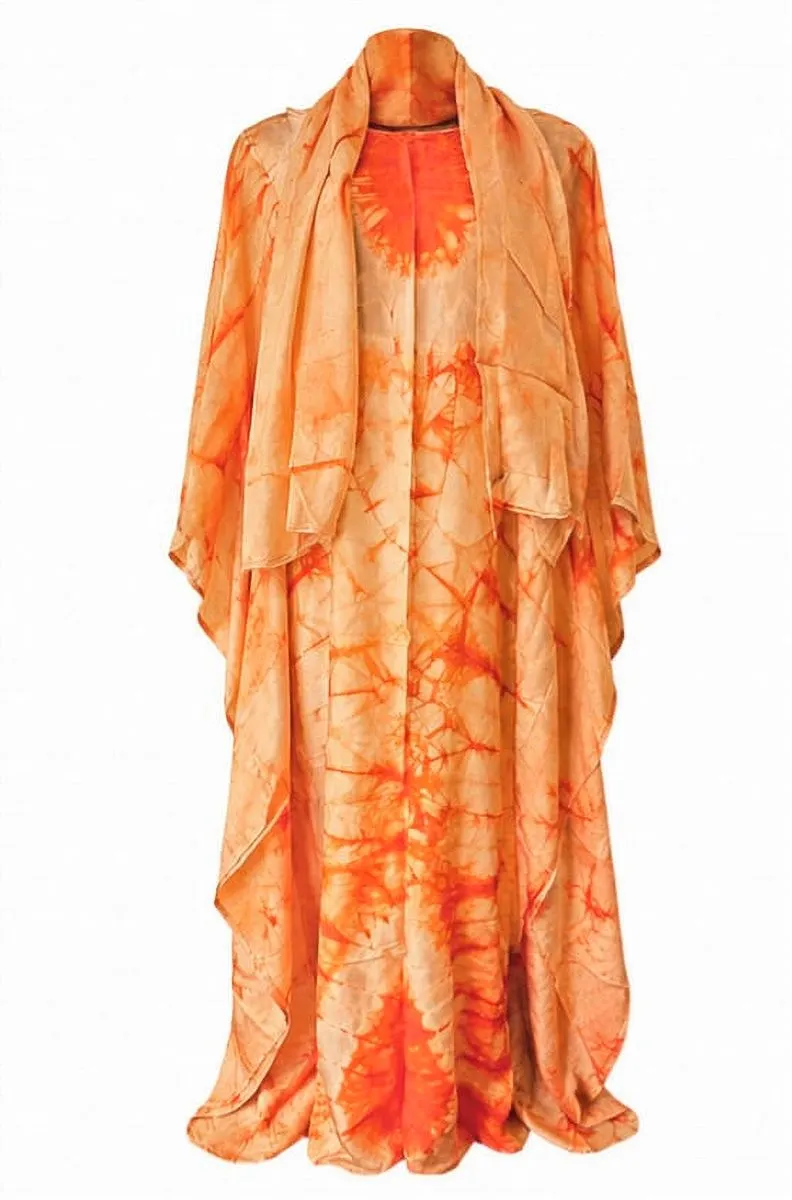 Adire Silk Boubou/ Bubu Dress: Size African Kaftan Gown with Head Tie - Orange