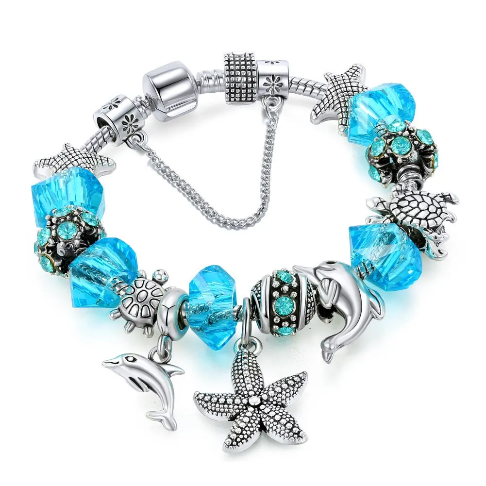 Blue Crystal Dolphin Marine Under the Sea Snake Bracelet with Charms