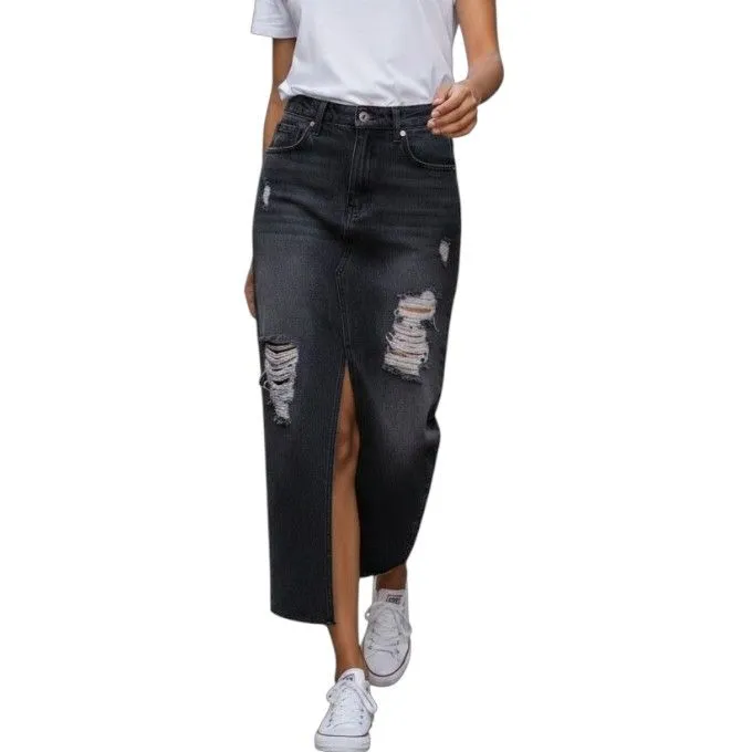 Casual Ripped Front Slit Denim Skirt Dark Grey
