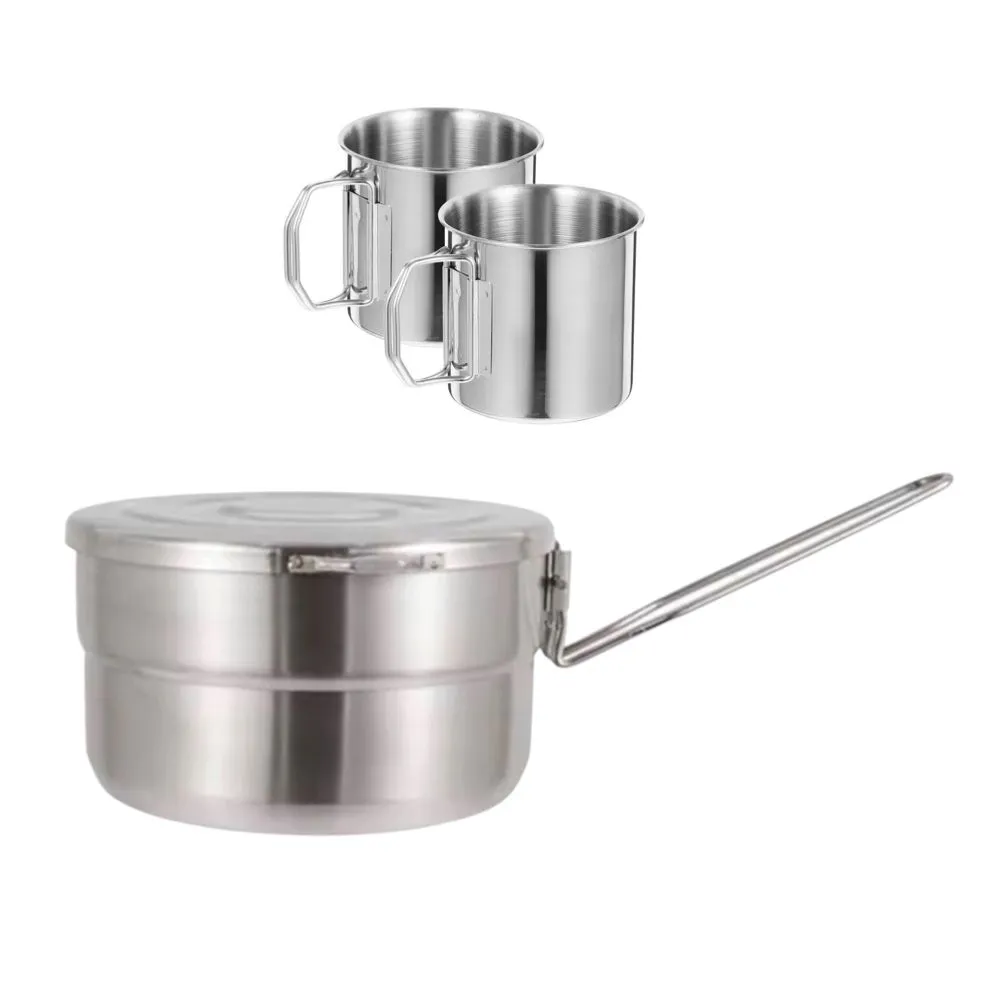 1.5L Stainless Steel Camping Pot with Lid & 2 Cups