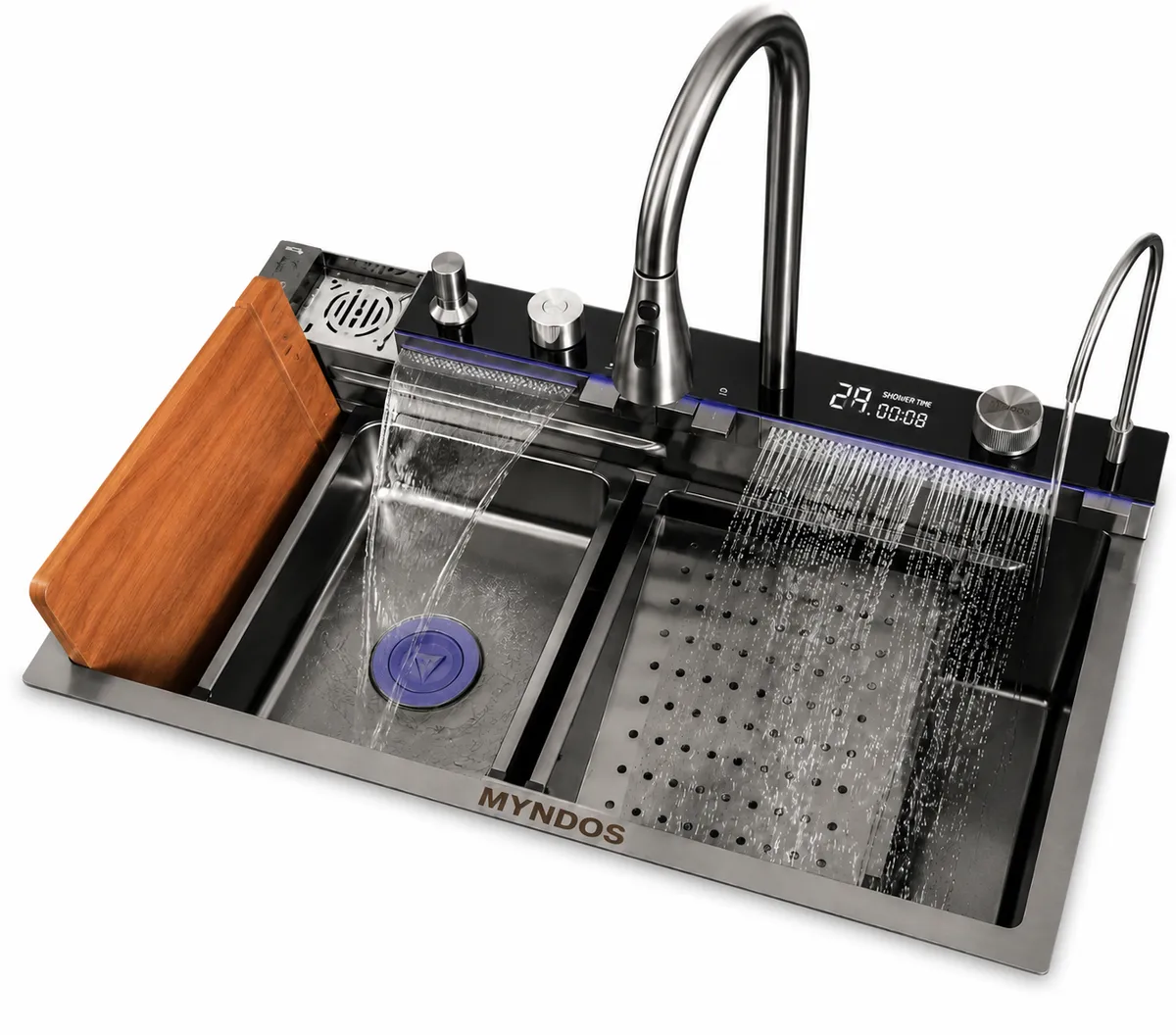 Myndos Smart Waterfall Kitchen Sink with Digital Display & Pull-Out Faucet