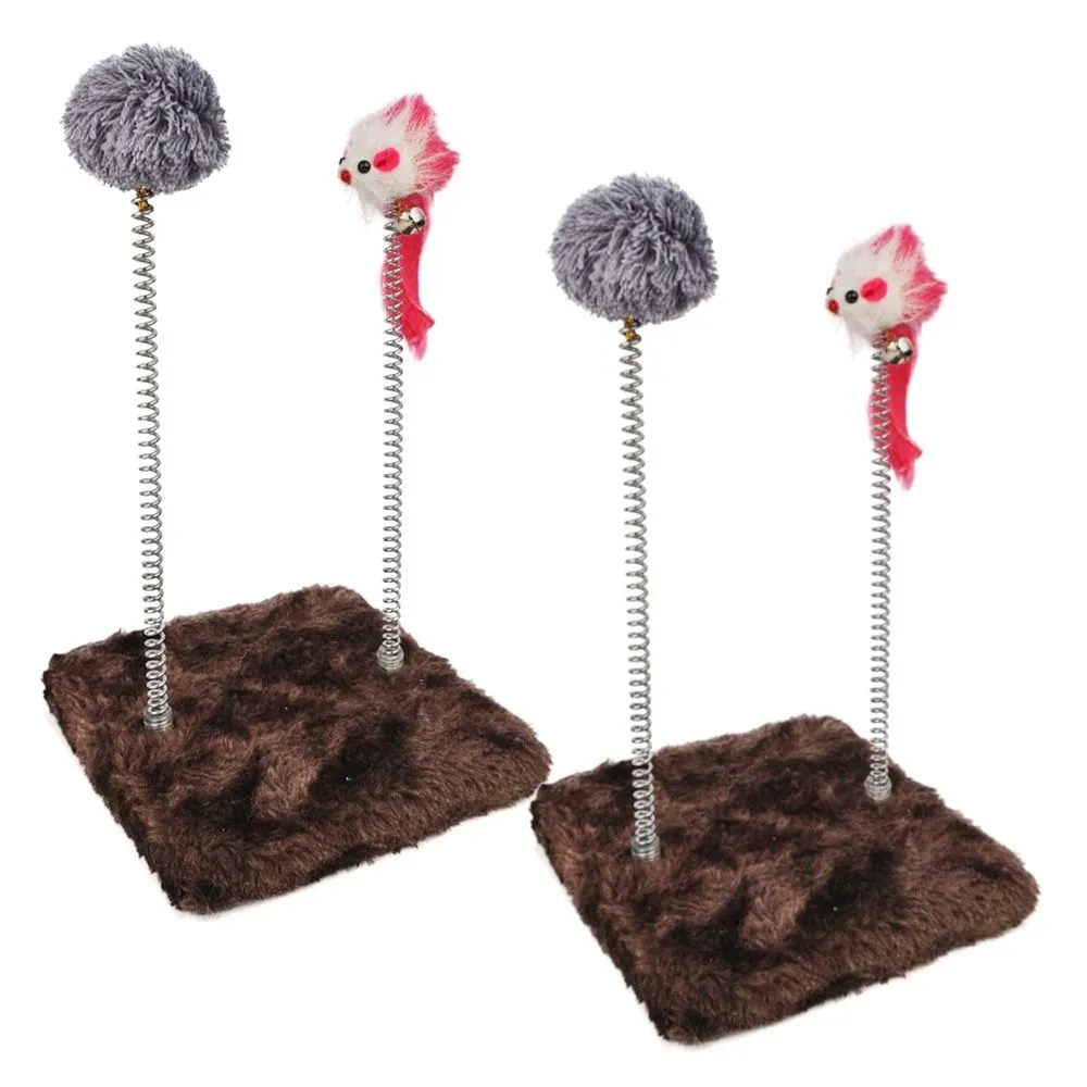 Pet Interative Plush Pom Pom Cat Scratching Spring Toy Set of 2 - 20cm - Dark Brown