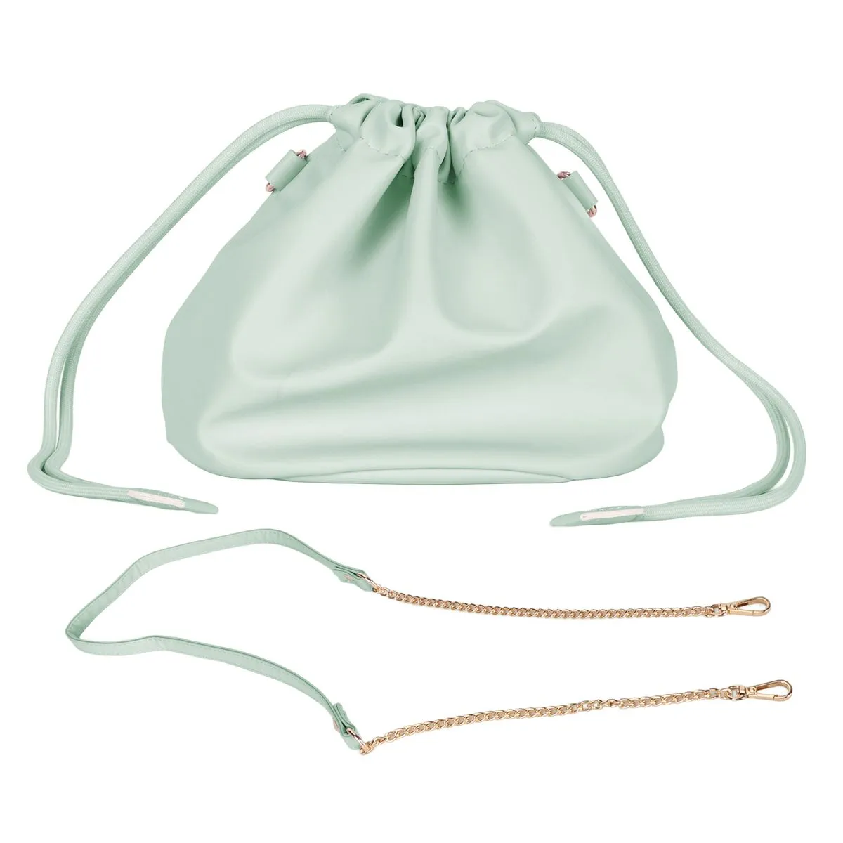 Green drawstring pouch with strap