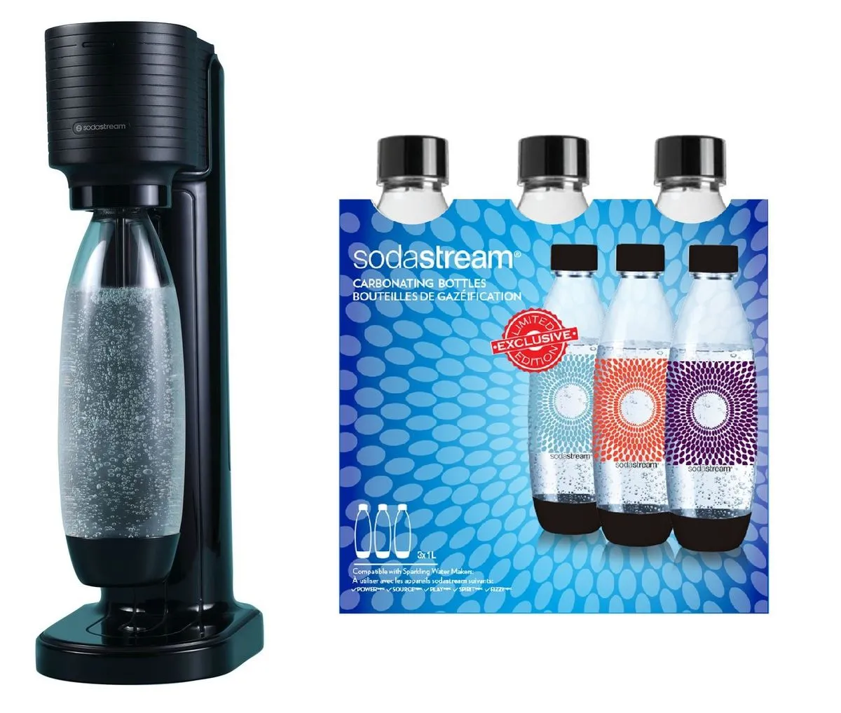 SodaStream Gaia Black Full Pack + 3 x 1 Litre Fuse Carbonating Bottles