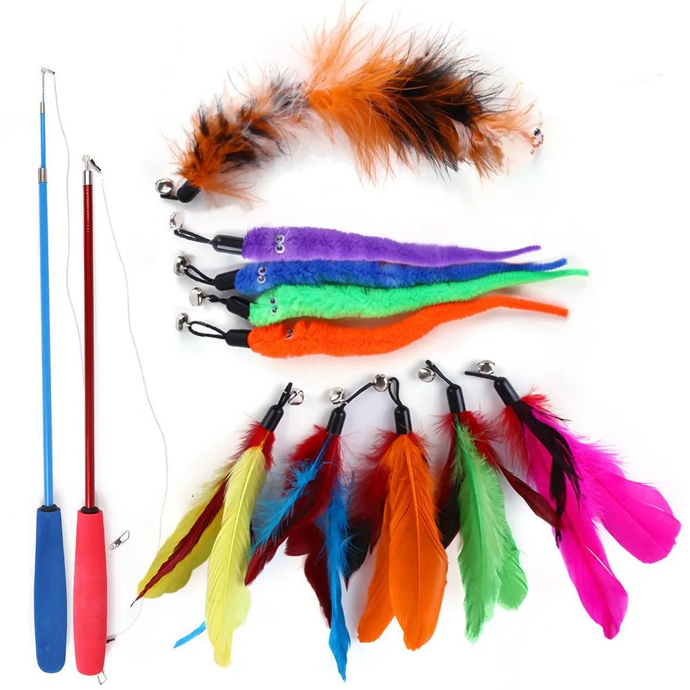 Interactive Cat Toys 2 Retractable Teaser Wand & 10 Feather Refills Bell