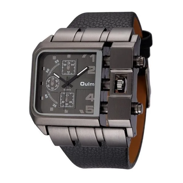 Men Square Dial Leather Quartz Watch - Black