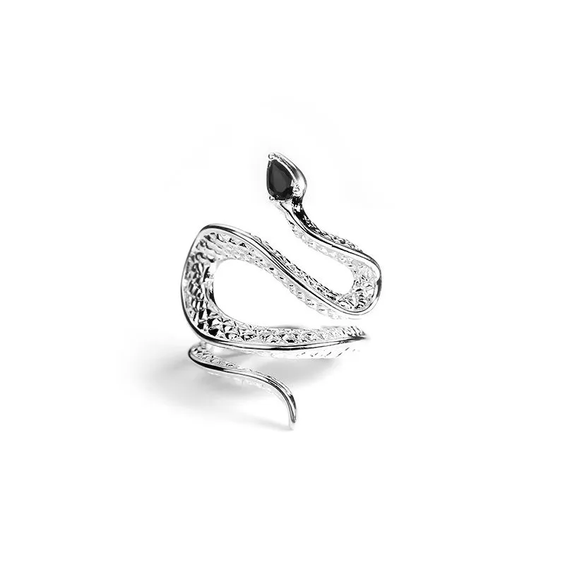 Snake-shaped ring with tourmaline gemstone for women - Silver, Black