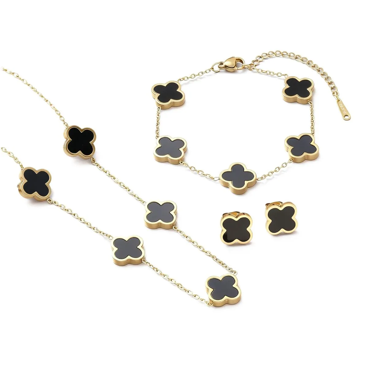 Women's Smooth Clover Bracelet, Earrings and Necklace Set - Black, Gold