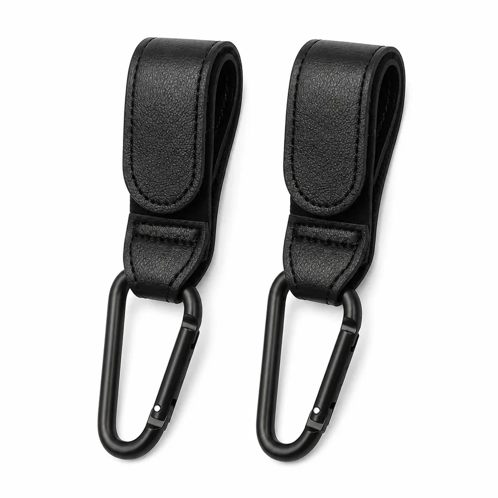 2 piece Stroller Hooks with Vegan Leather Loops Black Carabiner Clips Set