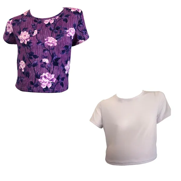 Maternity 2-Pack Short Sleeve DTY Crop Tops Purple Flowers & White