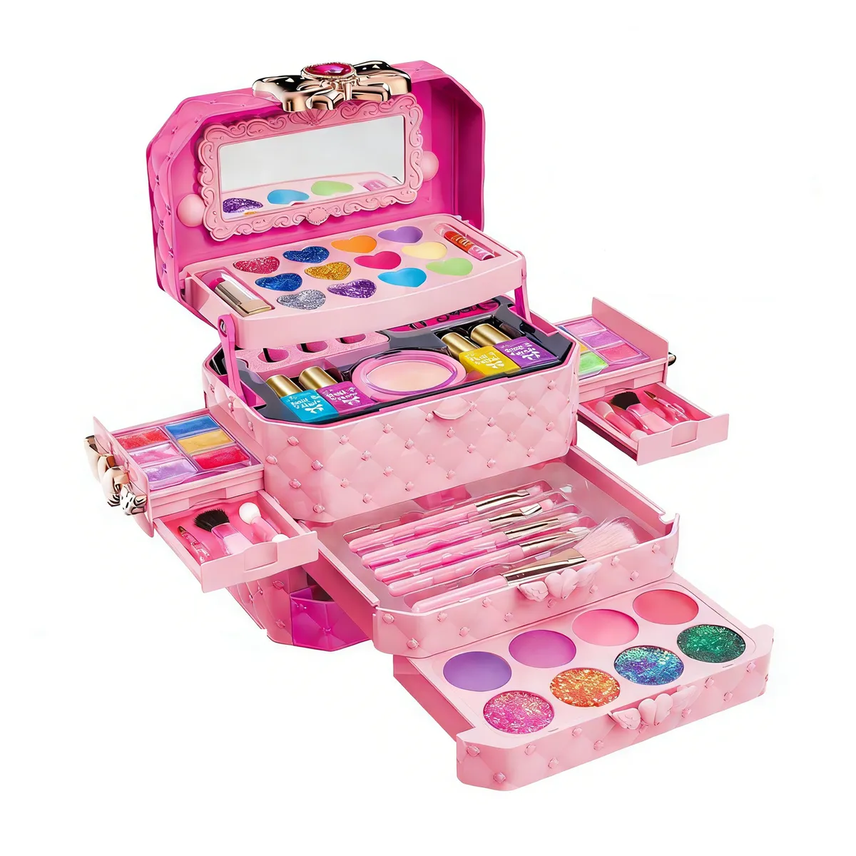 Girls Multilayer Makeup Set Pretend Play Cosmetics Kit with Music, Mirror