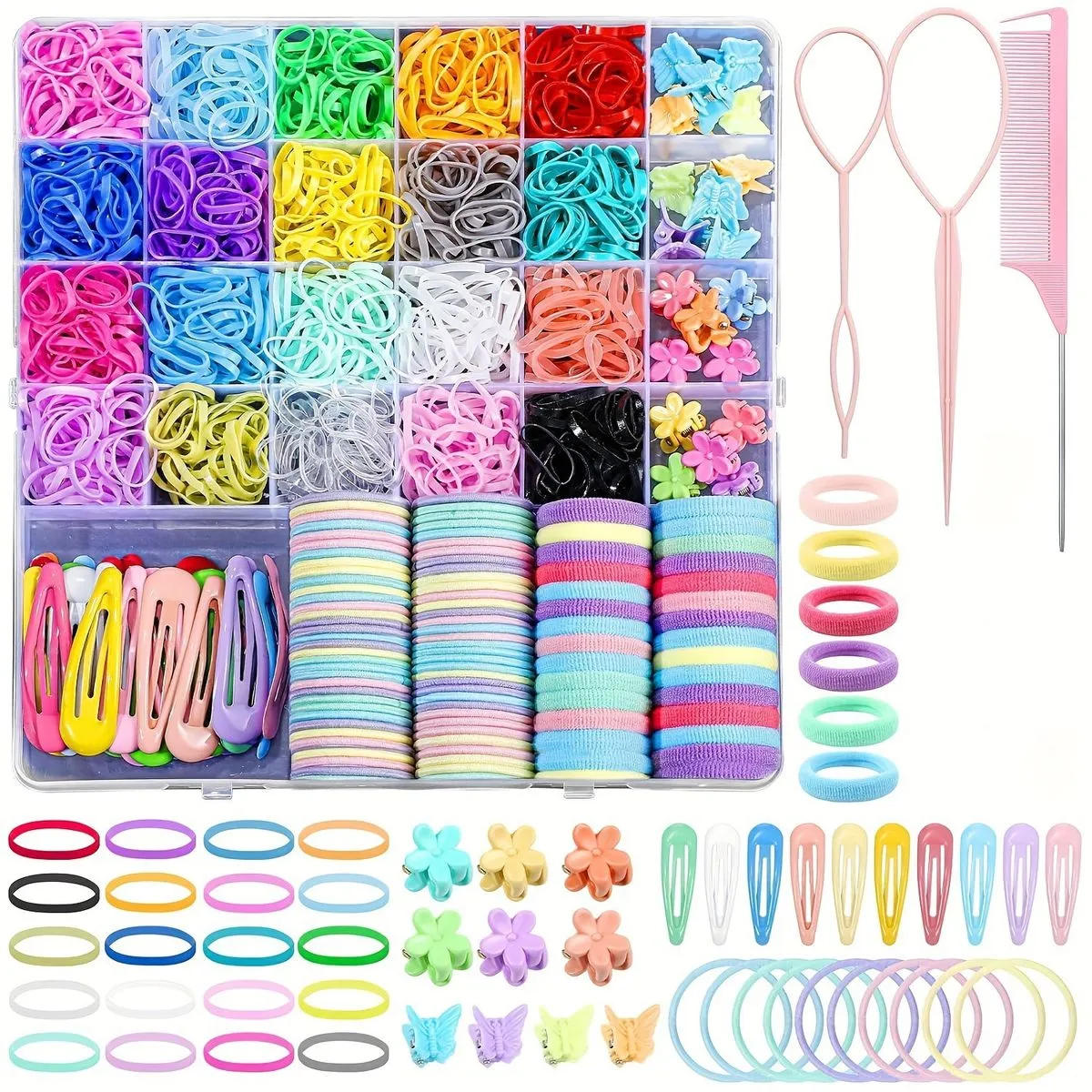 1500Pcs Girls Hair Ties&Clips Set-Colorful Elastic Bands for Kids Ponytails