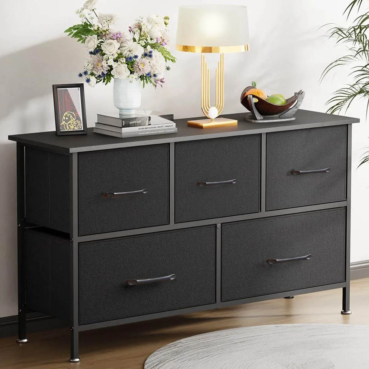 Storage Cabinet with 5 Fabric Drawers Large Dresser Fabric Chest Organizer - Black