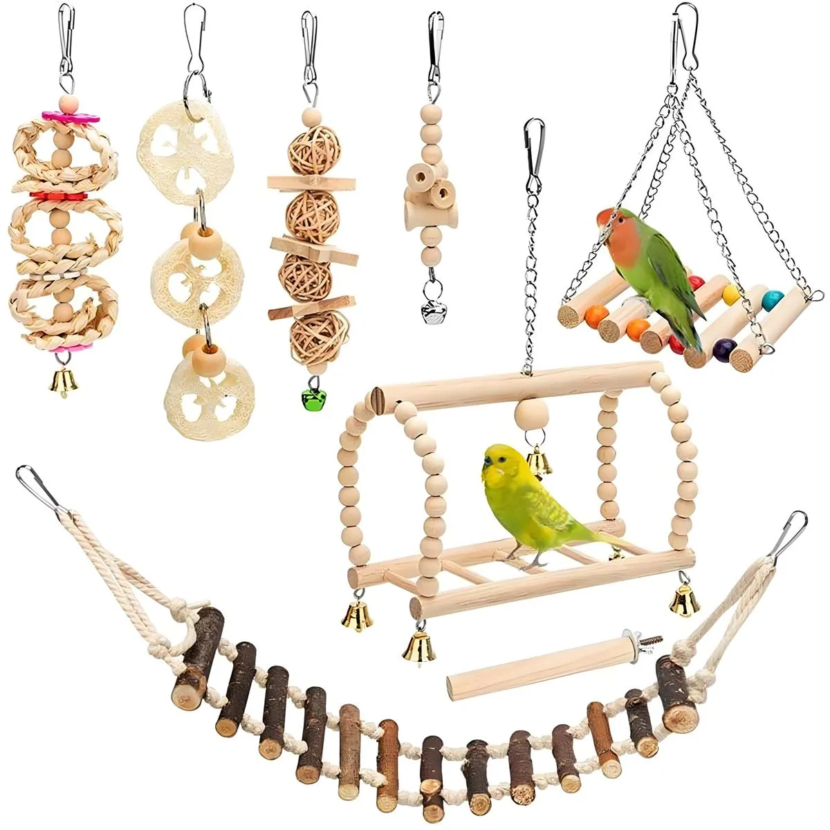 8Piece Bird Toys Set Parrot Swing Parakeet Cage Toys Standing Hanging Bell