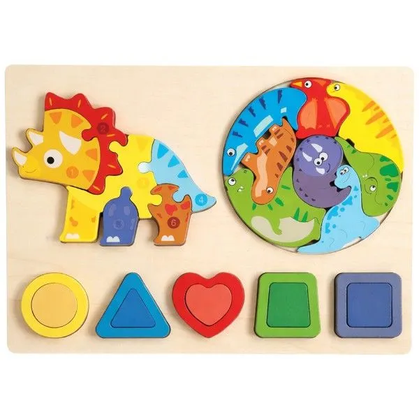 25 Piece - Wooden Dinosaur & Shape Puzzle Board - Multicolour
