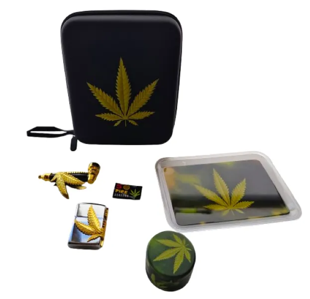 Black Hardshell 6 Piece Combo " WEED LEAVE Design "Travelling Case - Black, Gold