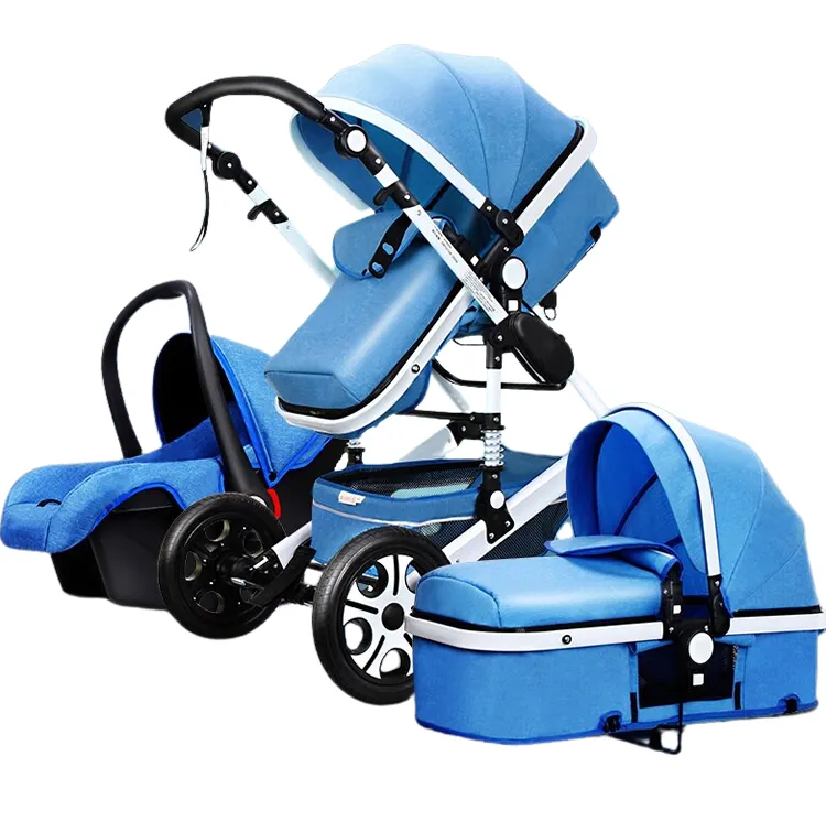 3 in 1 Foldable Luxury Baby Stroller With Side Bag And Car Seat - Blue, White