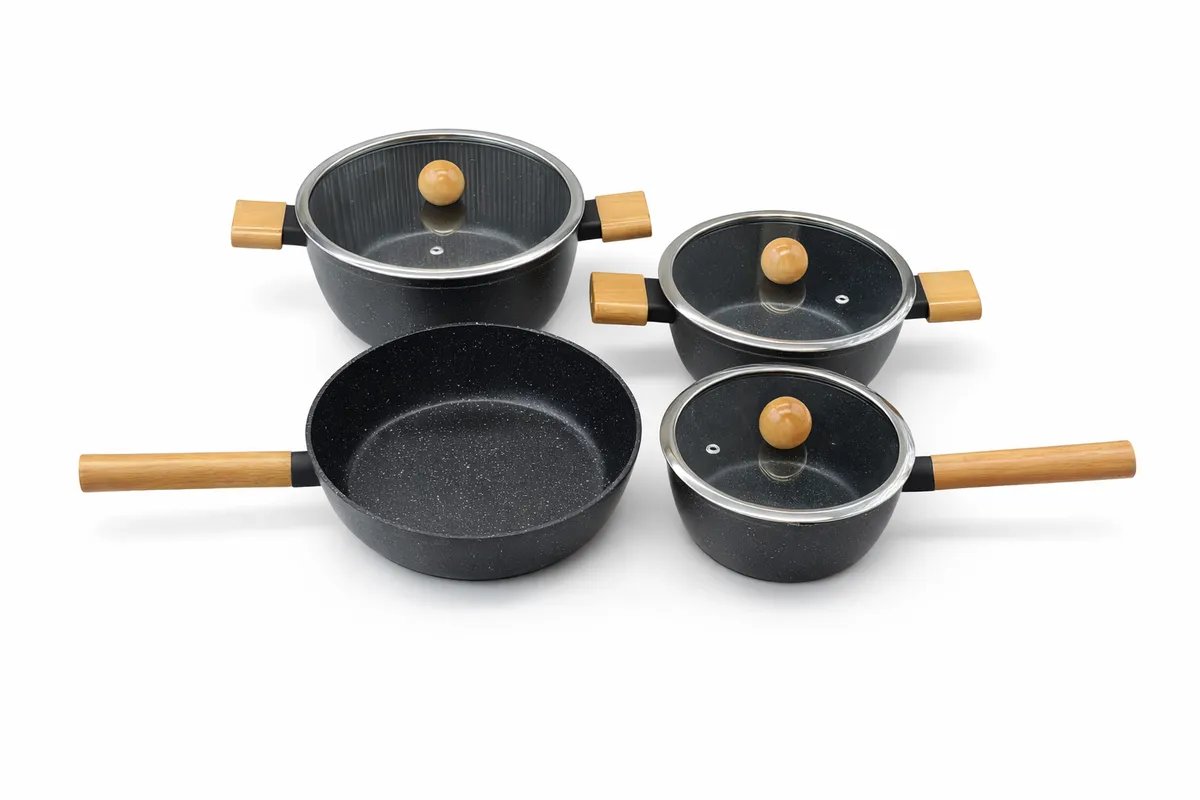 7-Piece Non-Stick Granite Cookware Set with Wooden-Style Handles