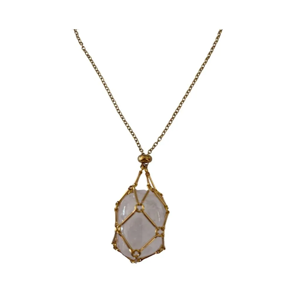 Unique Necklace Featuring A Woven Bag Holding An Interchangeable Stone - Gold