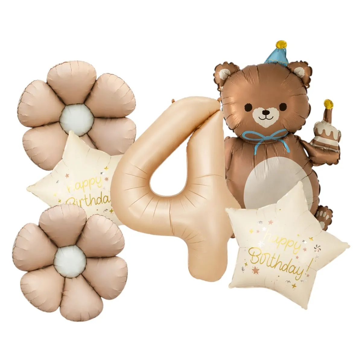 4th Birthday Teddy Bear & Floral Balloon Set - Brown
