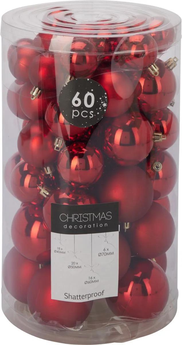 60 Christmas Balls - 4 Sizes, Shiny & Matt Finish, Classic Festive Design