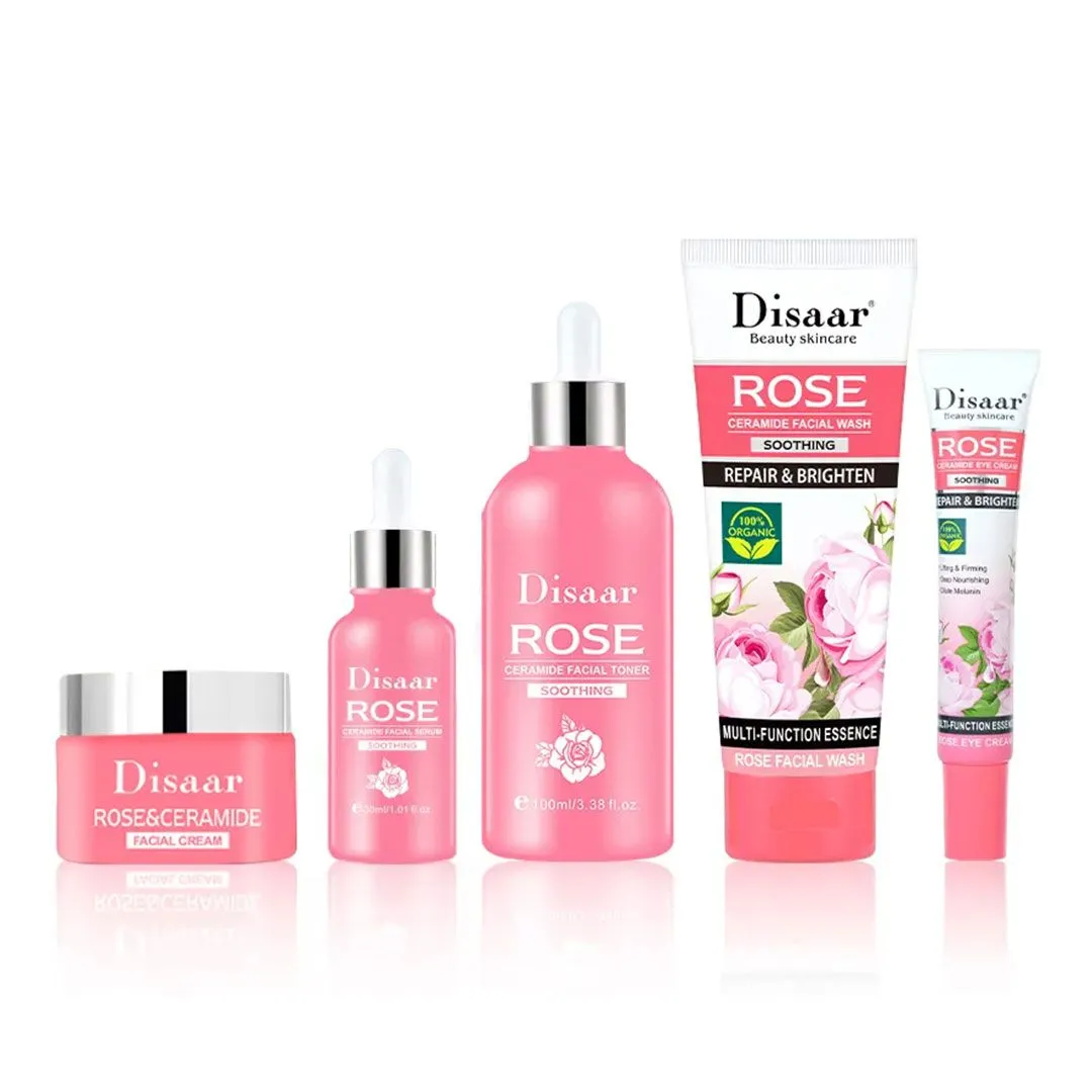 Rose Skincare Set Facial Cleanser Toner Serum Eye Cream - 5 Piece