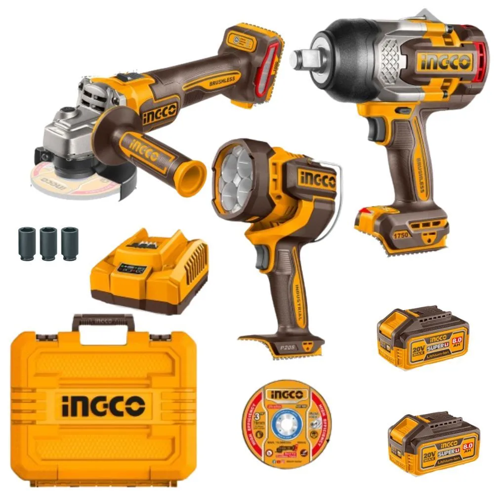 Ingco - Cordless Wrench, Angle Grinder, Work Light, Batteries & Charger Kit