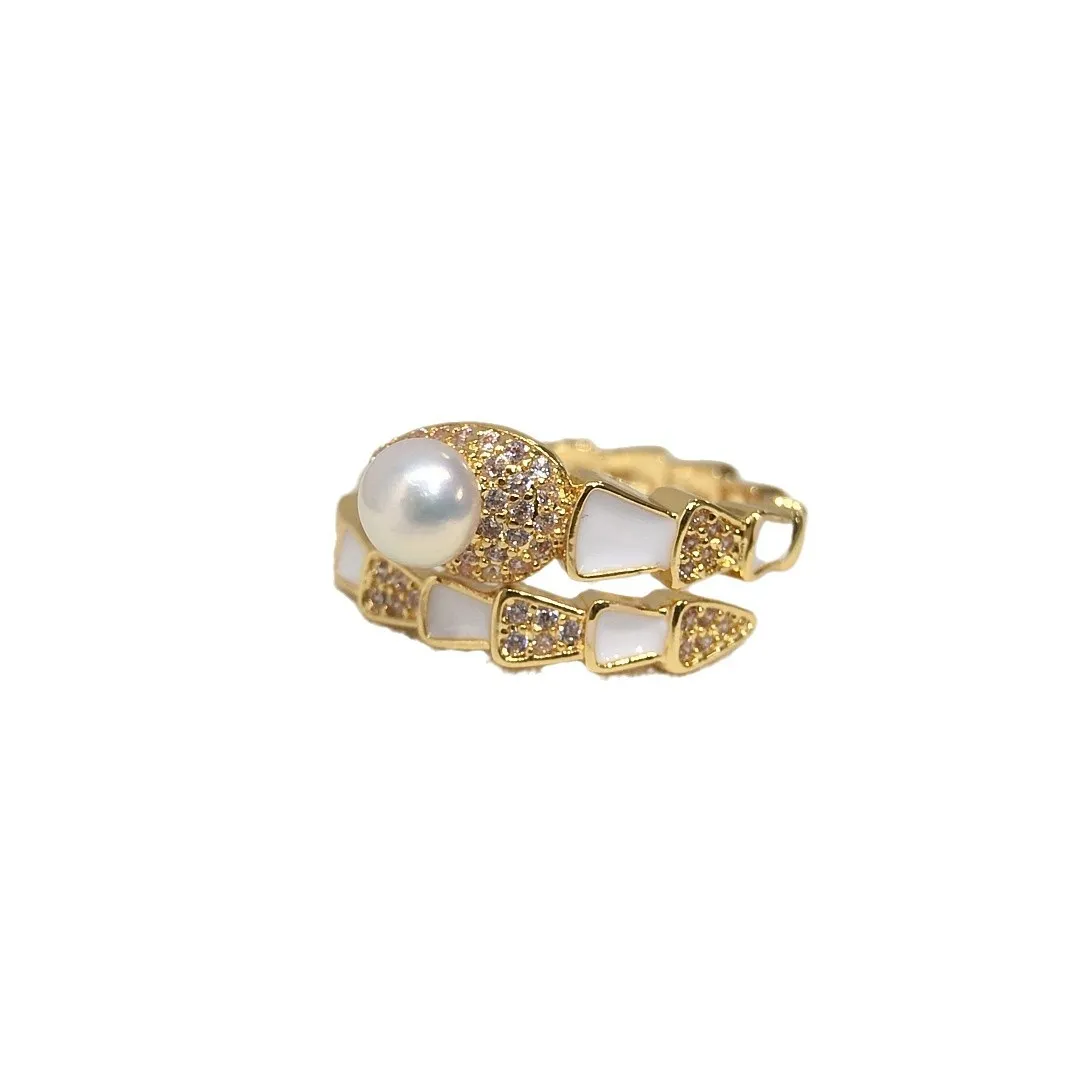 Gold Plated Micro Pave Zircon Freshwater Pearl Snake Ring - Gold