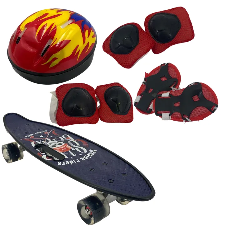 Skateboard With Protective Gear - Black, Red