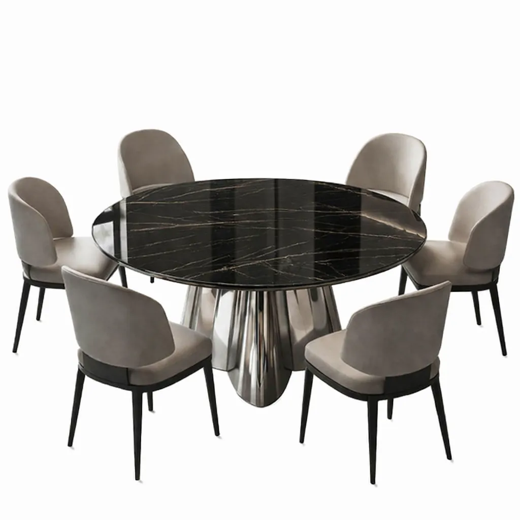 Ziyane Italian Luxury Round Marble Dining Set with 6 Upholstered Chairs