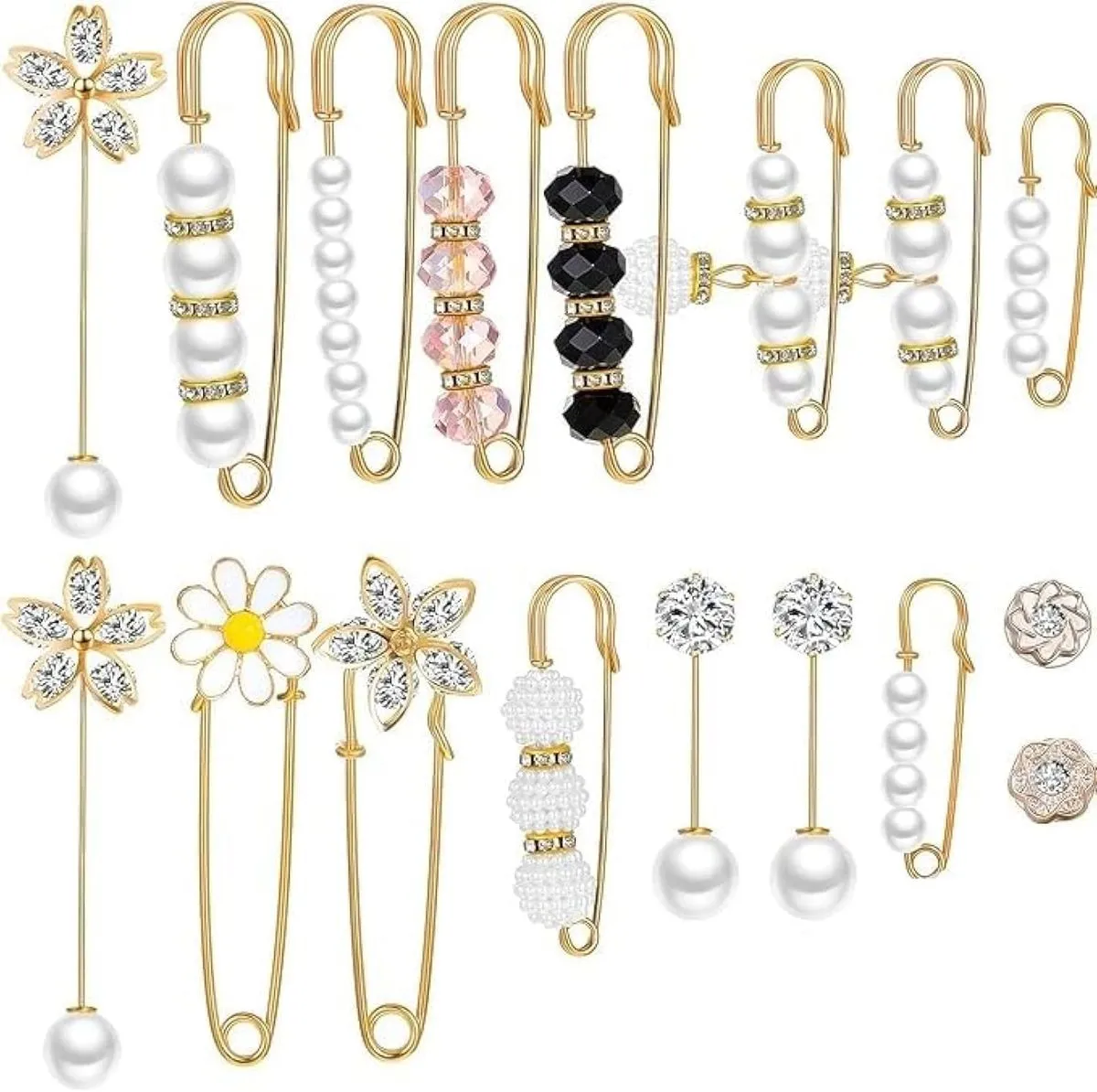 Pearl Brooches, Faux Pearl Rhinestone Collar Safety Pins - 17 Piece
