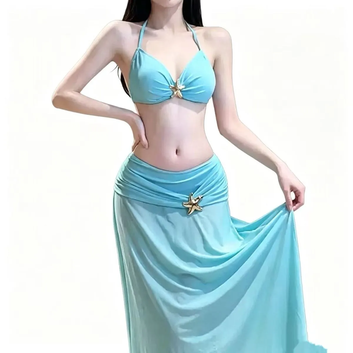 Mermaid-style bikini three-piece set, vacation-themed swimsuit, sizes L/XL