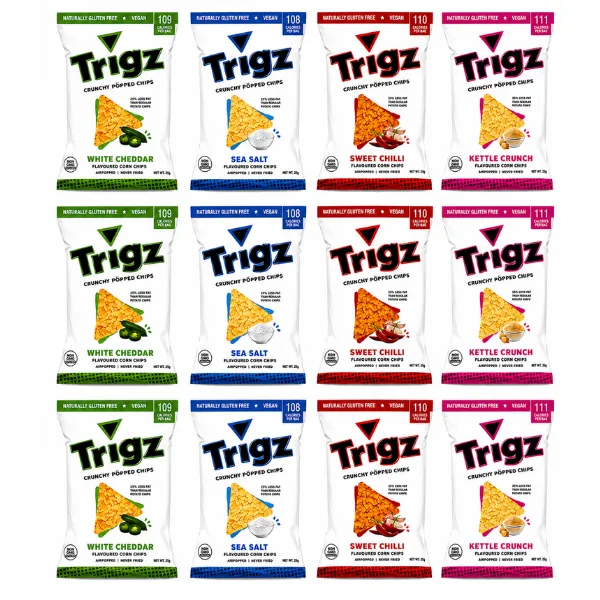 12 Pack|Trigz Corn Chips |Wh Chedder, Sea Salt, Swt Chilli, Swt & Salty|28g