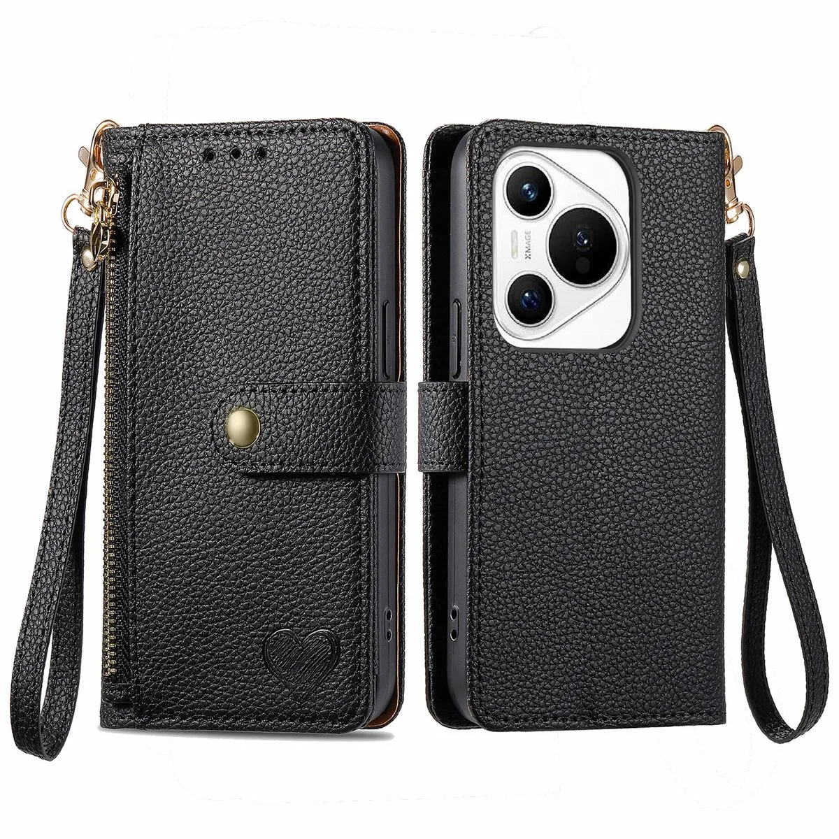 RFID Zip Leather Wallet Case Compatible With Huawei Pura 70 Cover - Black