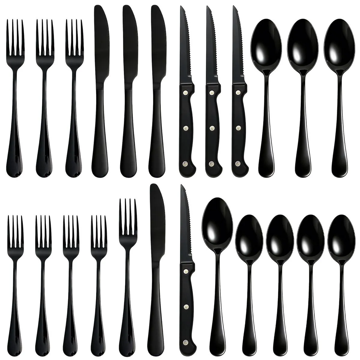 Cutlery Set Stainless Steel Black with Steak Knives for Home Dining - 24pc