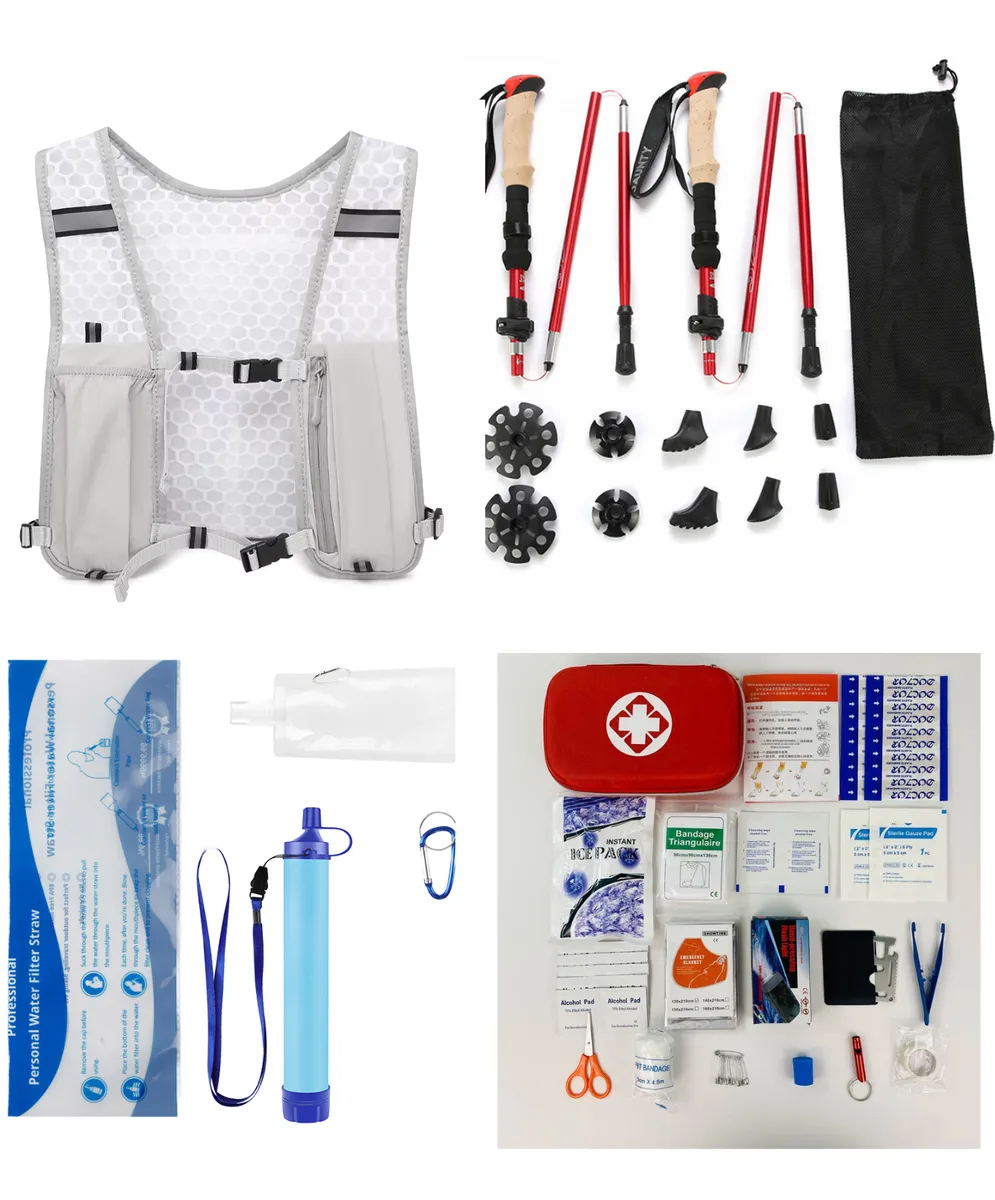 Hiker starter kit with poles and Jacket - Red, Grey