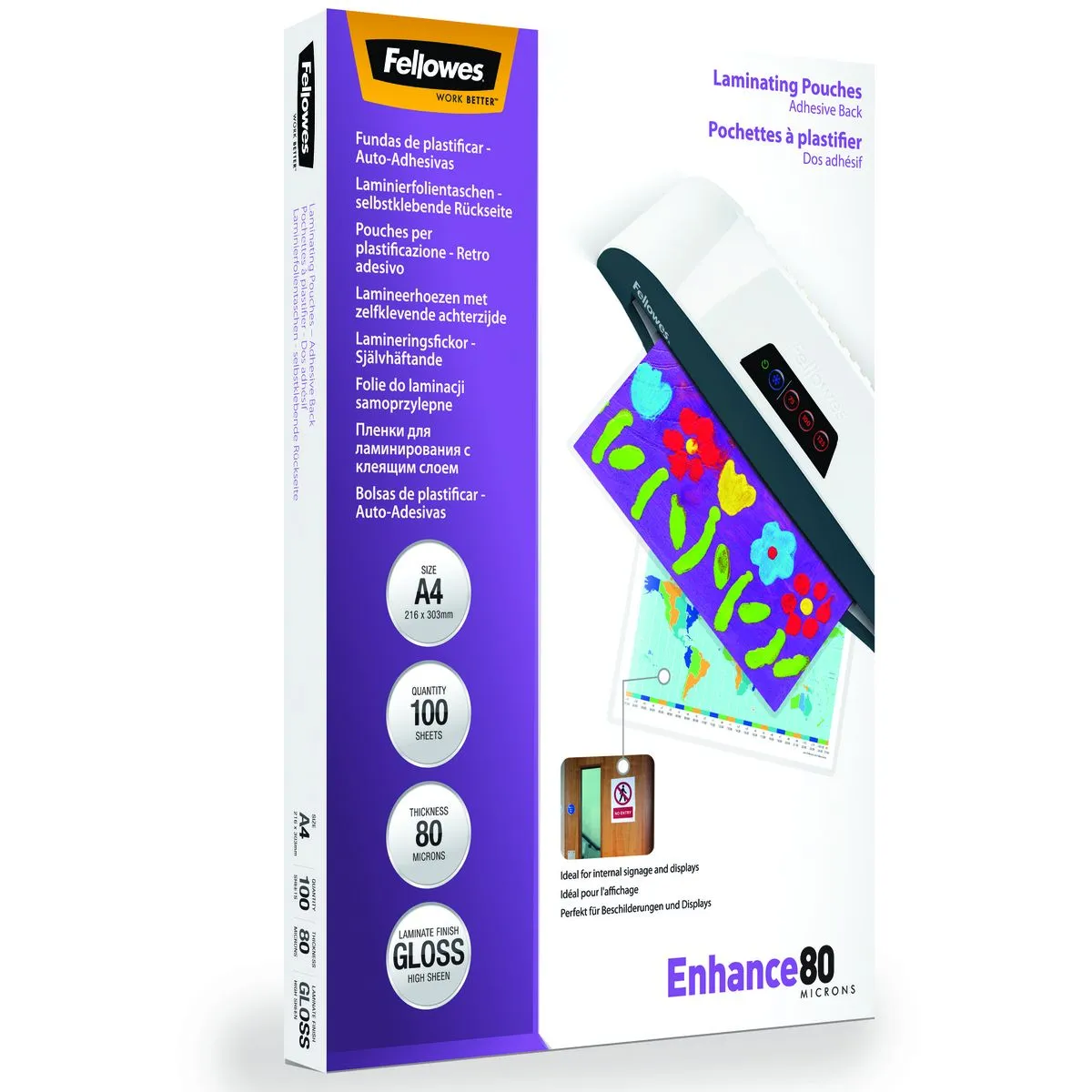 Fellowes Laminating Pouches, Enhance80 Gloss A4, 160 Micron(80+80),100 Pk