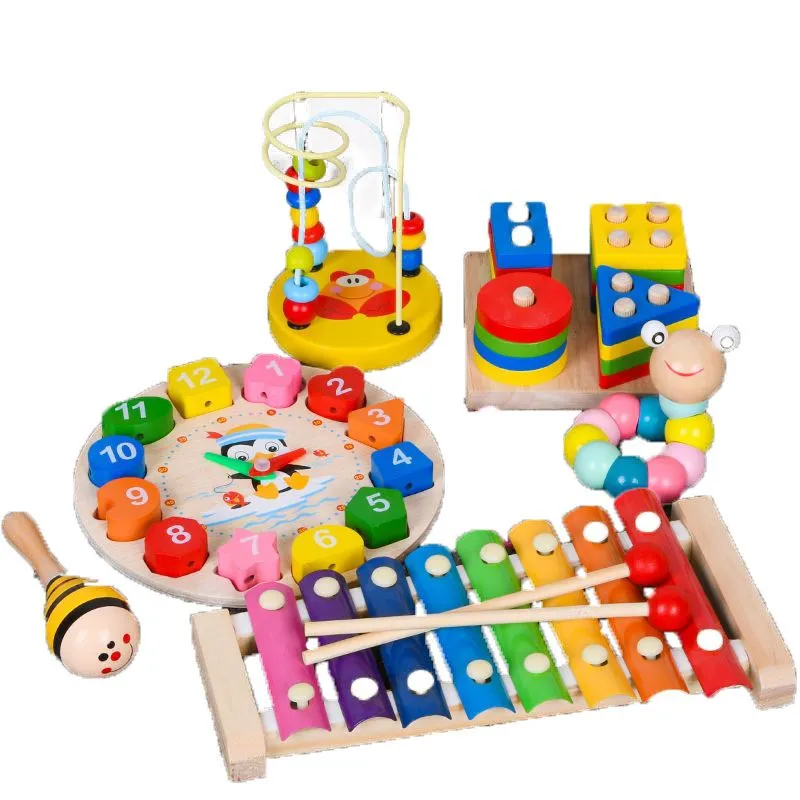 Wooden Baby Bead Maze Music Box Alarm Clock And Xylophone Set for Children