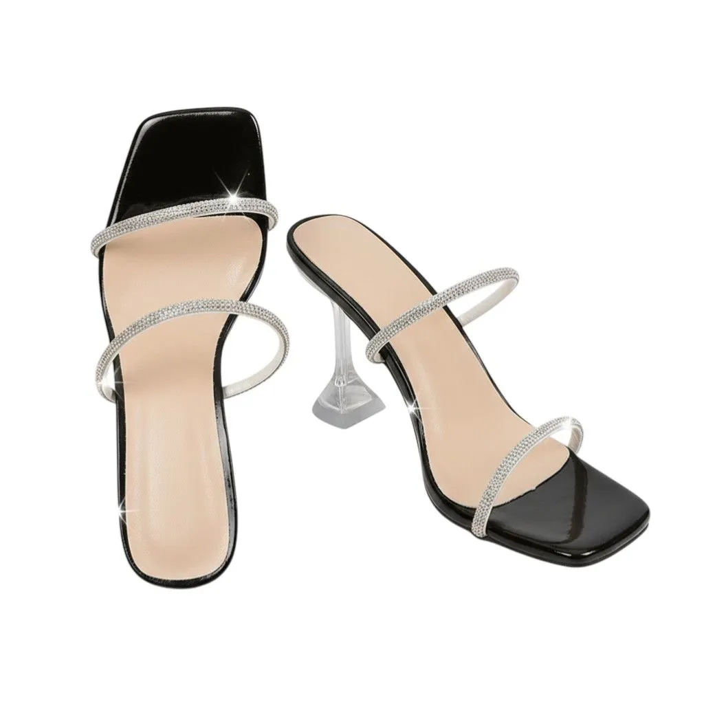 Women's Rhinestone Strap Square-Toe Mule With Clear Heels