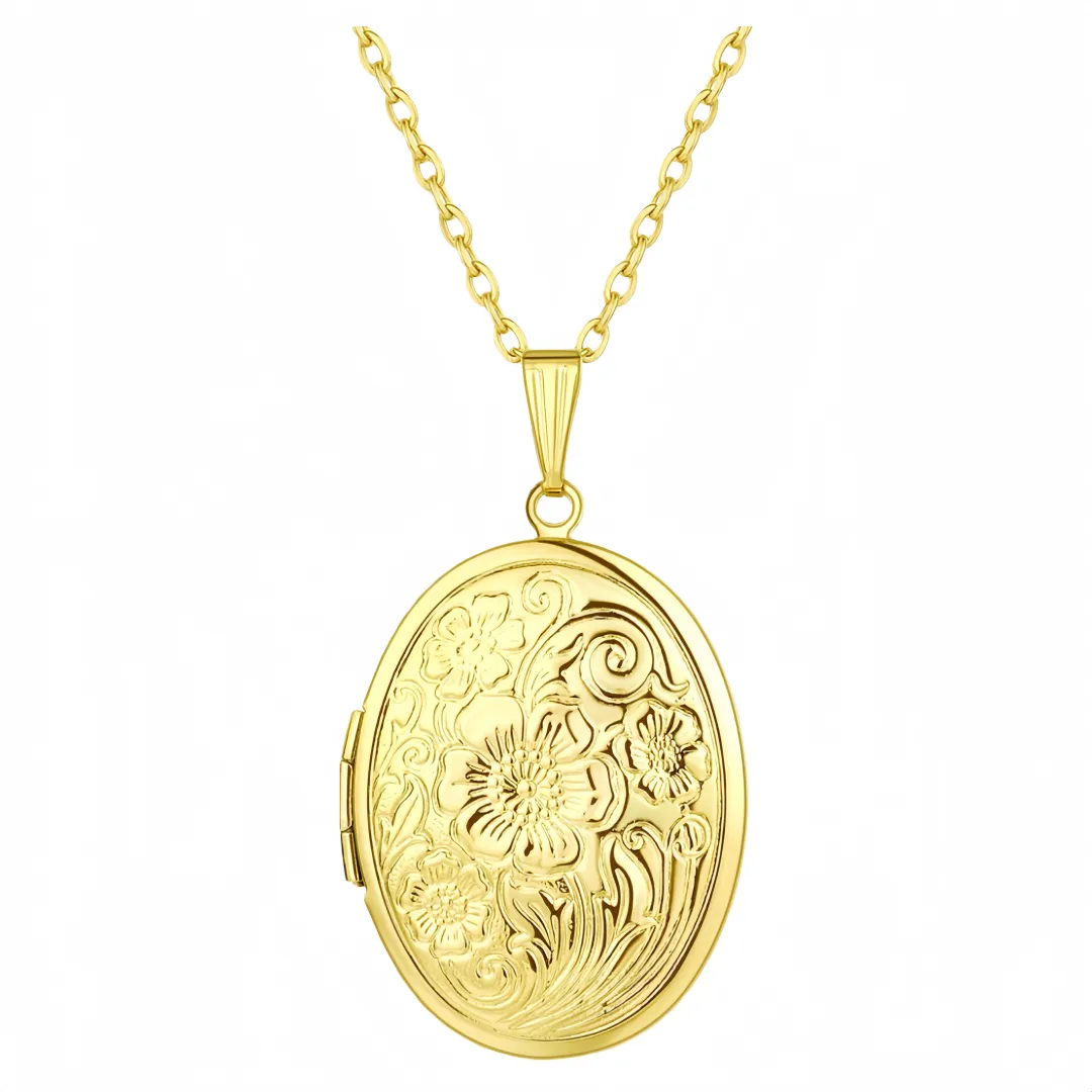 Oval & Round Flower Locket Necklace, Photo Pendant That Holds Pictures - Gold