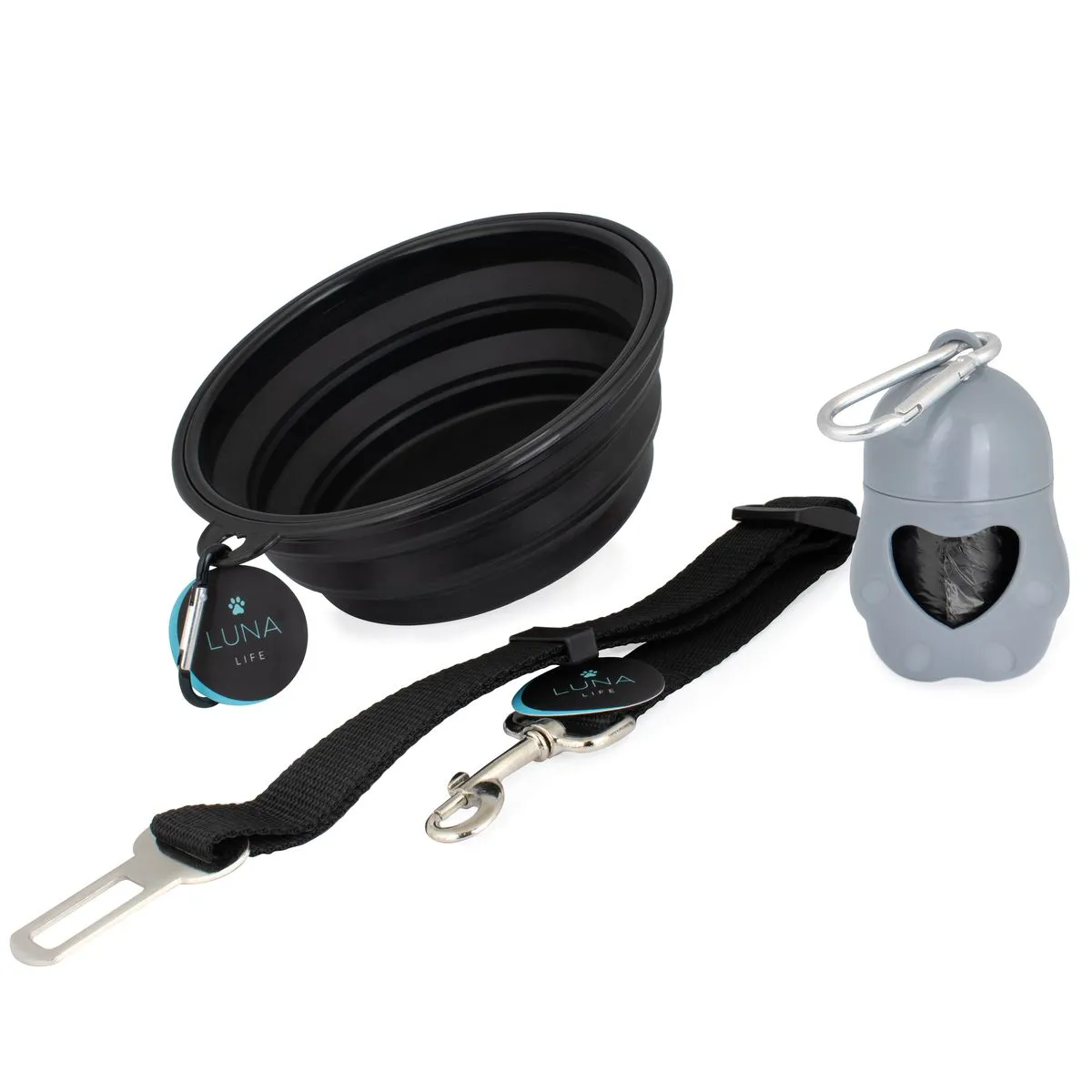 LUNA Collapsible water bowl, Seat Belt clip and Bone Poo bag dispenser Set