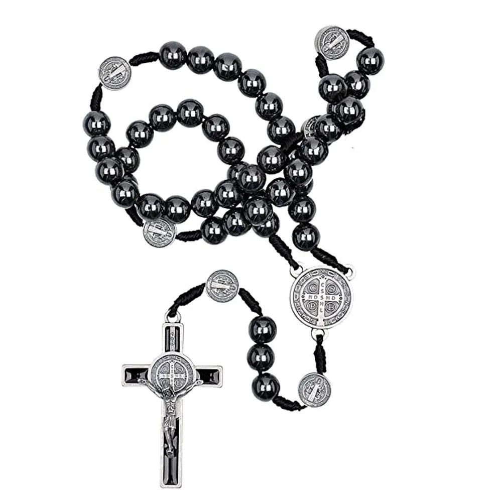 Necklace Car Ornament Black Hematite Bead Saint Benedict Medal Jesus Cross