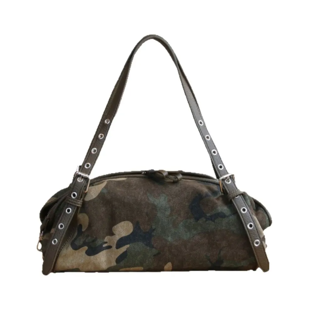 Retro Camouflage Canvas Shoulder Bag Spacious Interior Underarm Bag