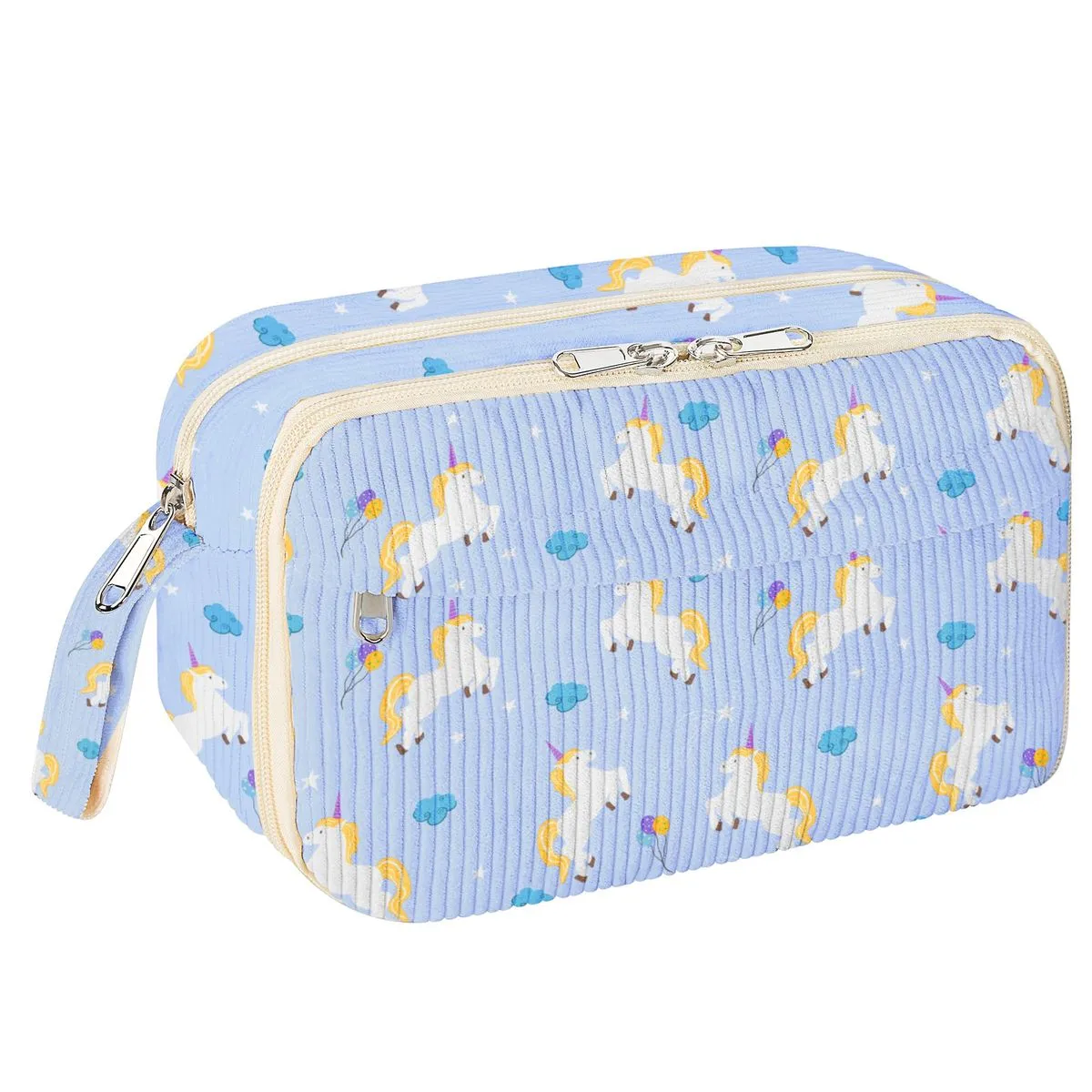 Large Corduroy Zippered Pencil Case Pouch Bag - Blue