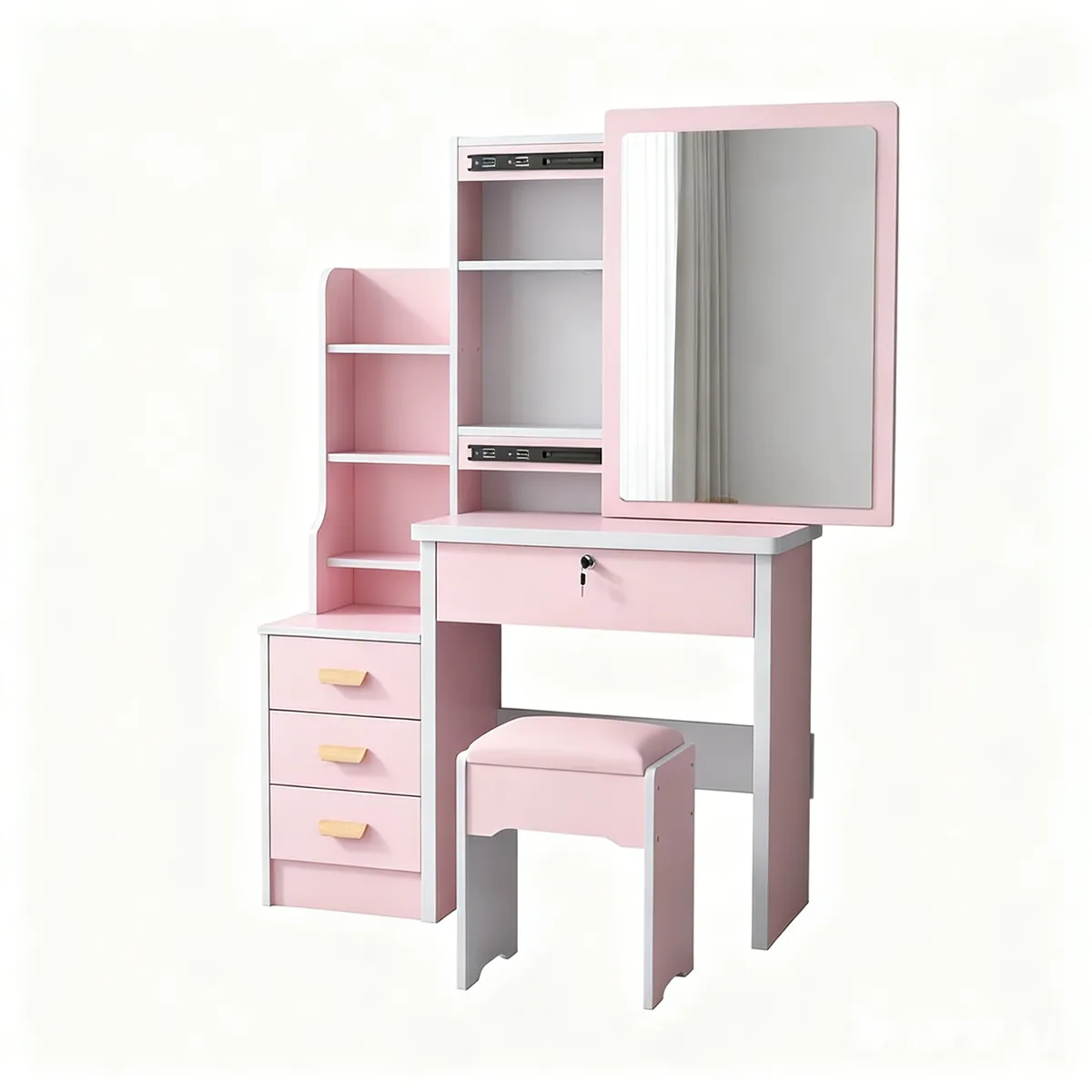 Pink Sliding Mirror Dressing Table with Stool - 4 Drawers Makeup Vanity Set