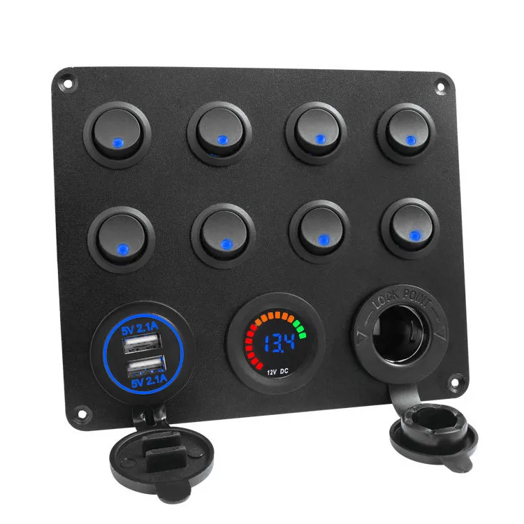 12V 8-Gang Switch Panel with USB Charger, Voltmeter & Lighter Socket