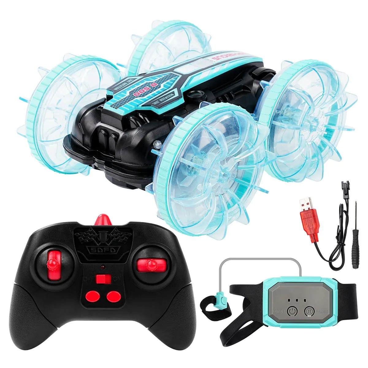 Amphibious RC Stunt Car with Gesture Watch Control and LED Lights
