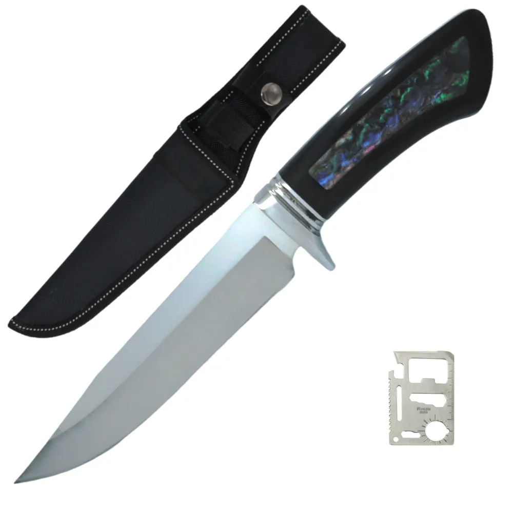 Durable Outdoor Knife with Black Handle and Abalone Design Inlay and MTC